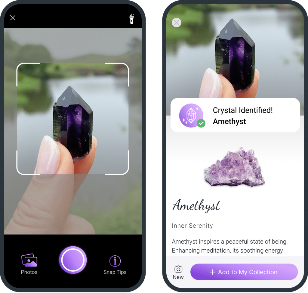 Screenshot of the Crystalyze app identifying Amethyst from a photo, showing the result with its image, name, and description.