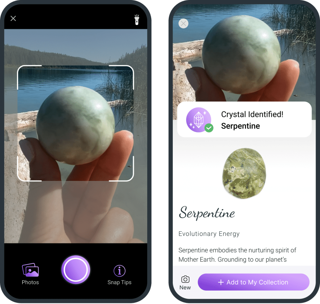 Screenshot of the Crystalyze app identifying Serpentine from a photo, showing the result with its image, name, and description.